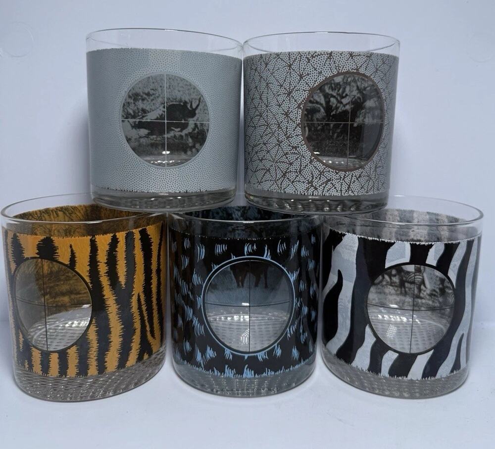 5 Vintage Houze Art Big Game African Bullseye Lowball Glasses 3.75”x3.75”